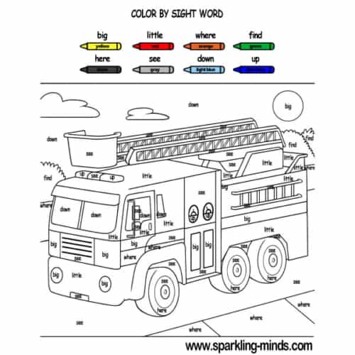 Color by sight word worksheet for preschool and kindergarten. Image of a fire truck.