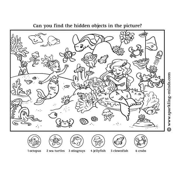 hidden picture worksheet for kids featuring mermaids under the sea