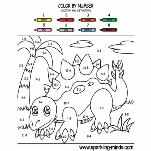 Color by number worksheet (addition and subtraction) featuring a dinosaur