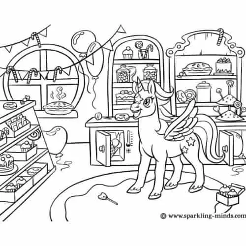 Coloring page for kids featuring a unicorn in a candy shop