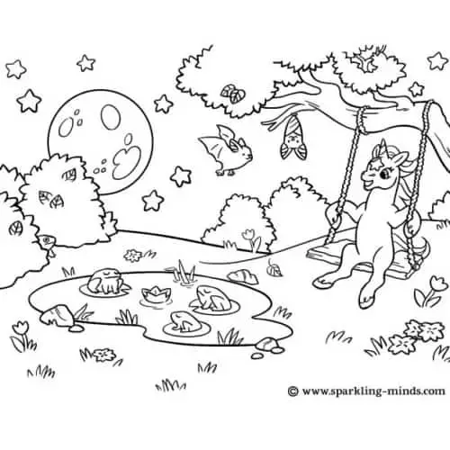 Coloring page for kids featuring a unicorn in a candy shop