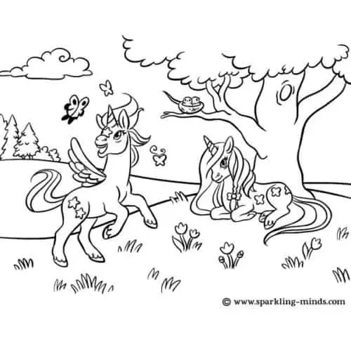 Coloring page for kids featuring unicorns playing in the meadow