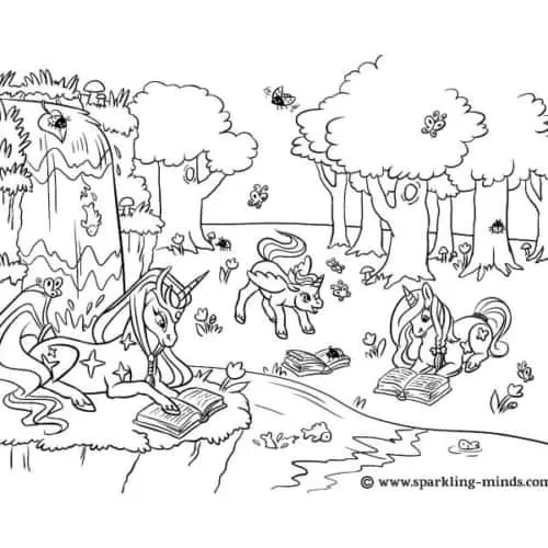 Coloring page for kids featuring unicorns reading in the woods