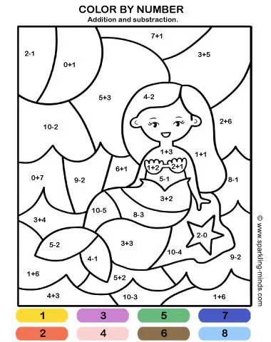 Color by number worksheet for preschool and kindergarten. Kids are expected to add and subtract numbers and to color a mermaid according to the results.