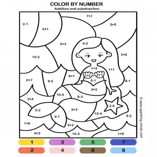 Color by number worksheet for preschool and kindergarten. Kids are expected to add and subtract numbers and to color a mermaid according to the results.