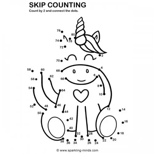 Unicorn dot to dot worksheet that helps children practice skip counting by 2.