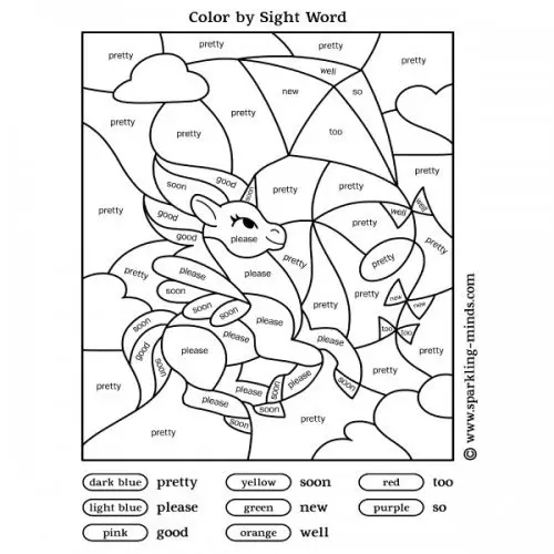 Color by sight word worksheet for kids featuring a unicorn and a kite