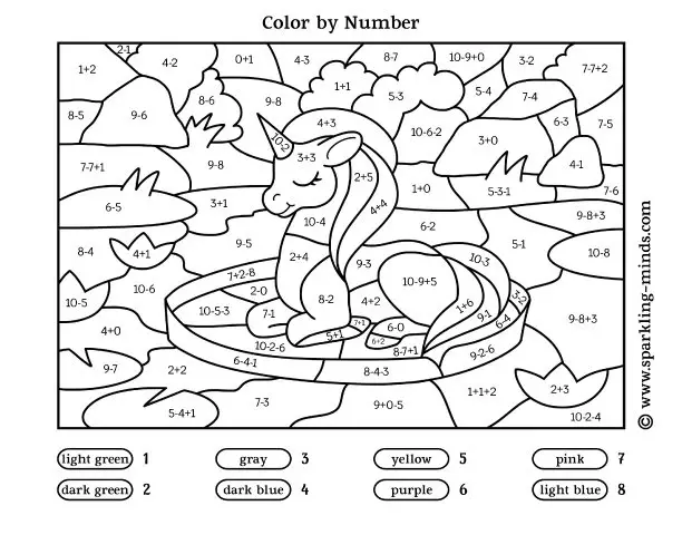 Unicorn Color by number worksheet for preschool and kindergarten. Kids are expected to add and subtract numbers and to color a unicorn according to the results.