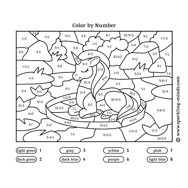 Color by number worksheet for preschool and kindergarten. Kids are expected to add and subtract numbers and to color a unicorn according to the results.