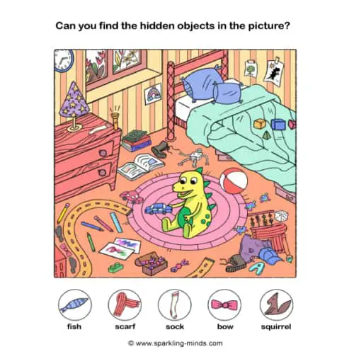 hidden objects worksheet with a dinosaur for kids