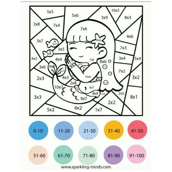 mermaid color by number (multiplication) math coloring worksheet