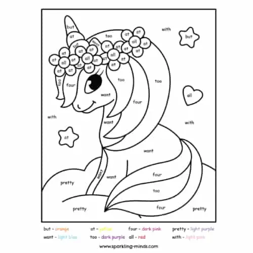cute unicorn color by sight word worksheet