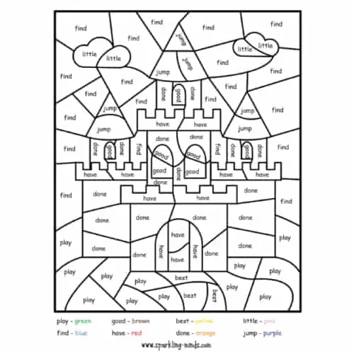 castle color by sight word printable