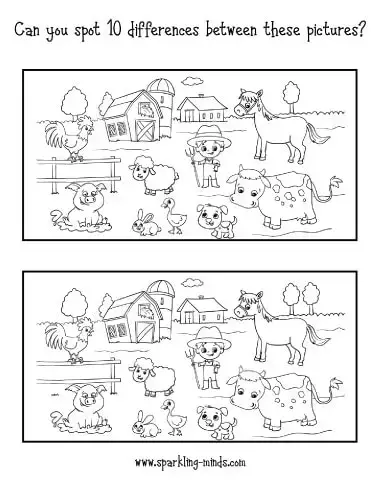 FARM ANIMALS Spot the Difference Printable - Sparkling Minds