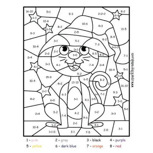 halloween cat color by number (addition and subtraction) worksheet