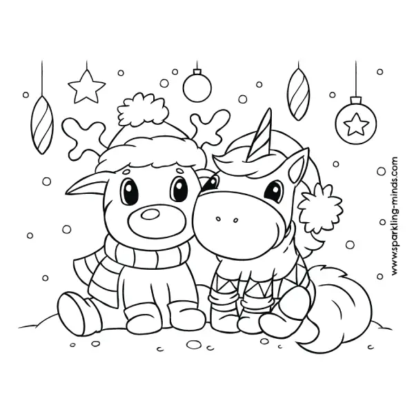 UNICORN AND REINDEER Christmas Coloring Page for Kids - Sparkling Minds